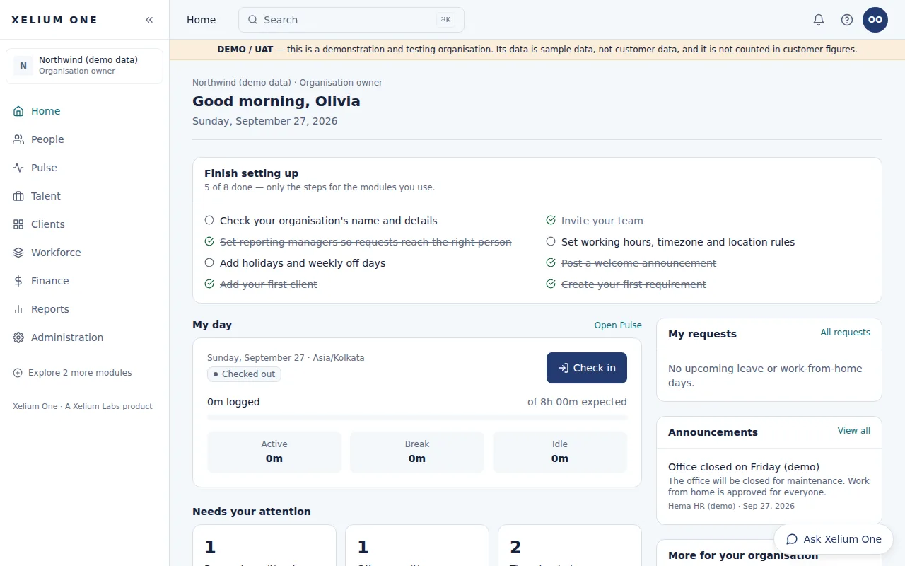 Xelium One Home page for the organisation owner of Northwind (demo data): a setup checklist, today's check-in card, requests, announcements and a 'Needs your attention' row.