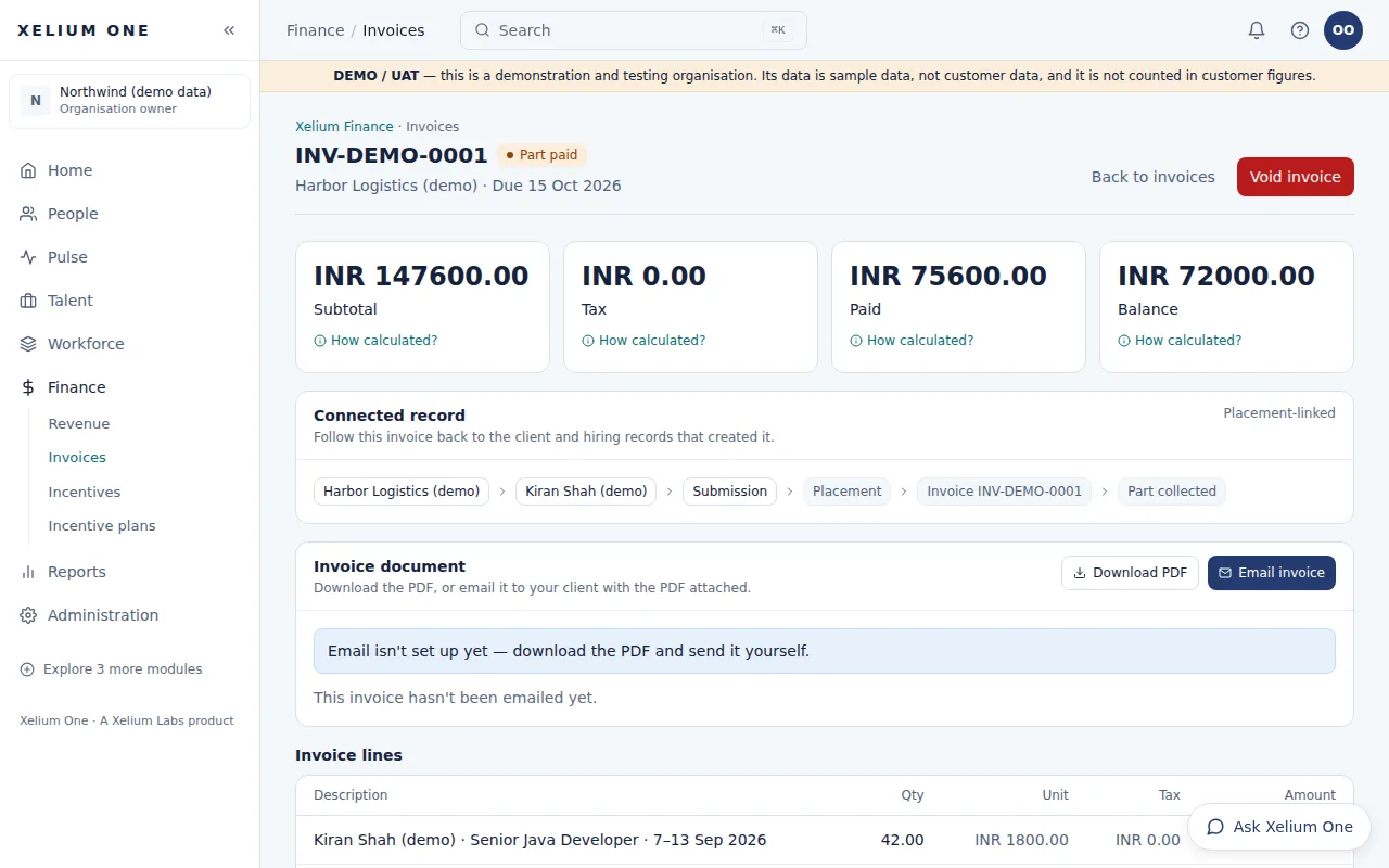 A part-paid demo invoice showing subtotal, tax, amount paid and balance, the connected record back to the client and placement, a Download PDF button and the invoice lines.