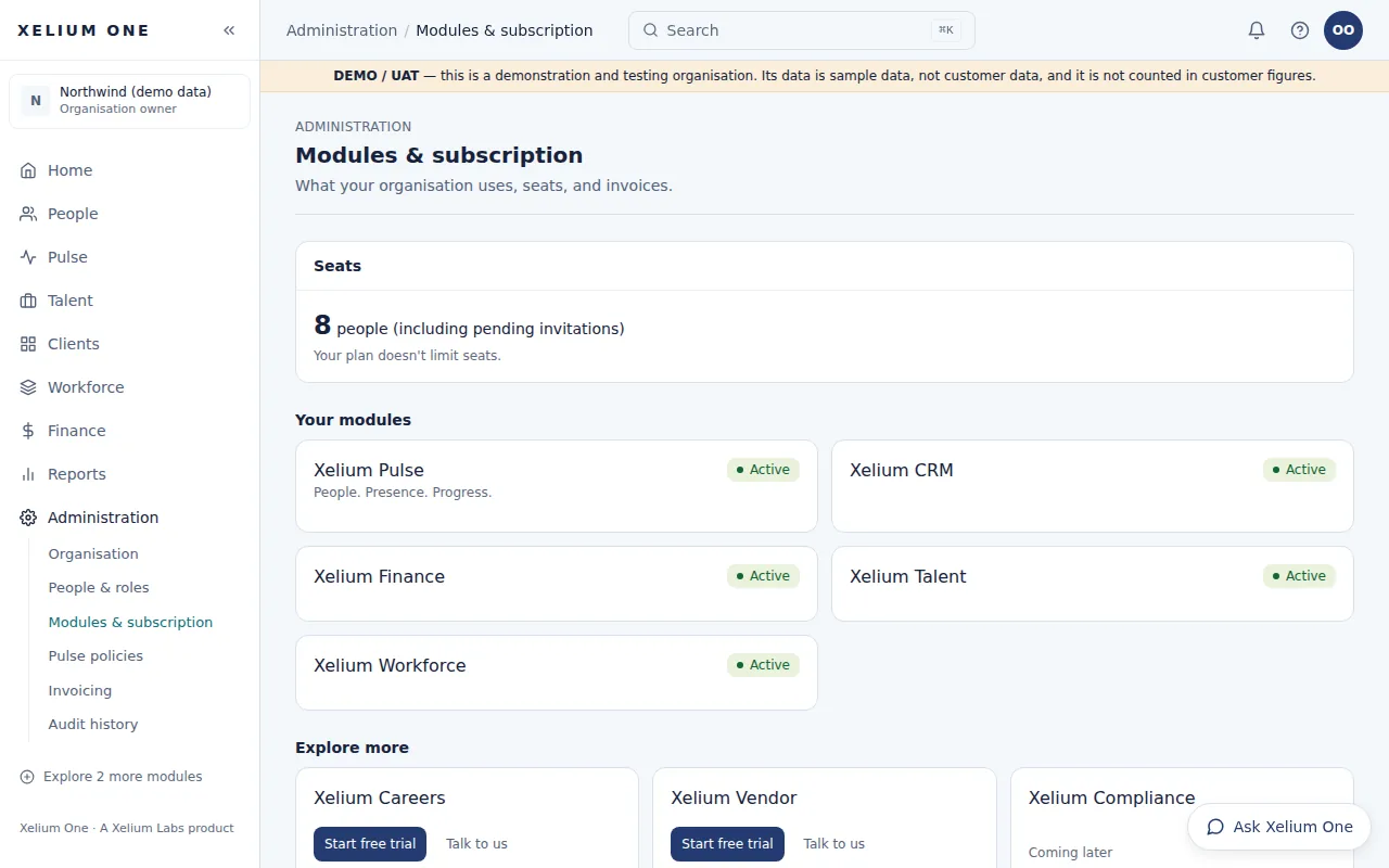 The Modules & subscription page: seats in use, the demo organisation's active modules, and more modules to explore.