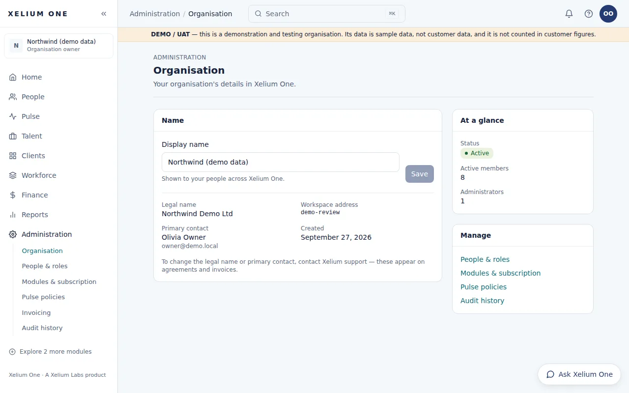 The Organisation administration page for the demo organisation: its display name, legal name, workspace address, primary contact, status and member counts.