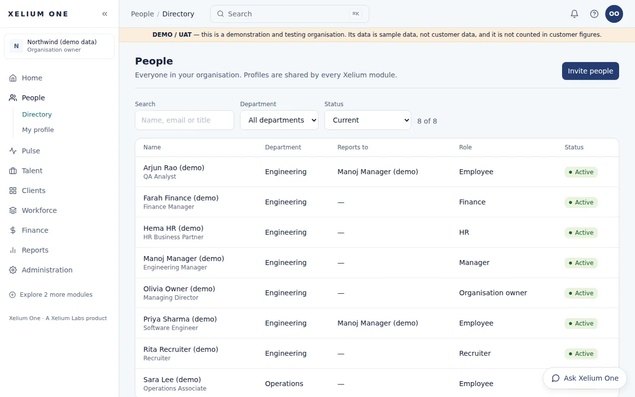 The People directory listing demo employees with their department, reporting manager, role and status, with search and filters above.