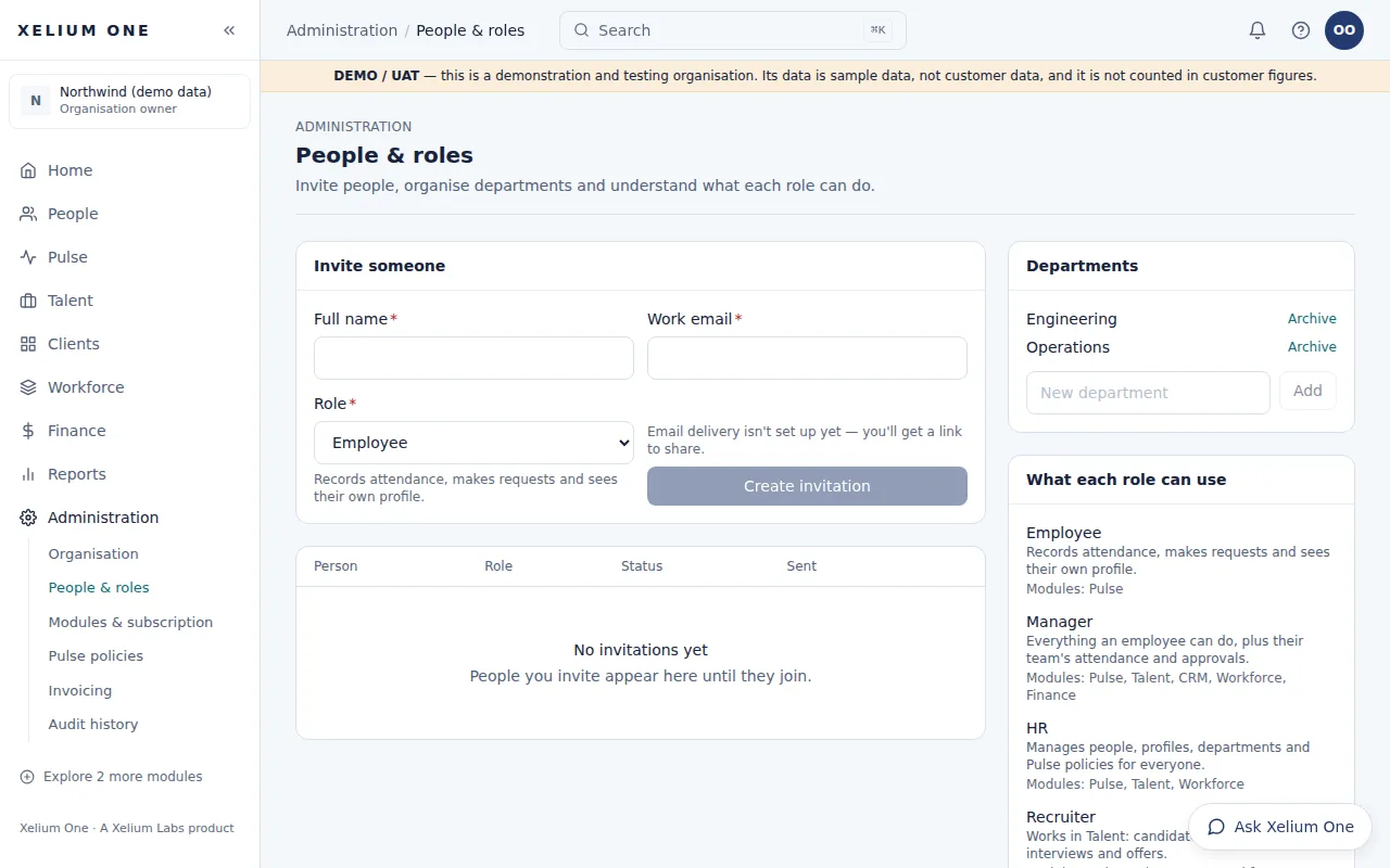 The People & roles administration page: a form to invite someone with a role, the organisation's departments, and a description of what each role can use.
