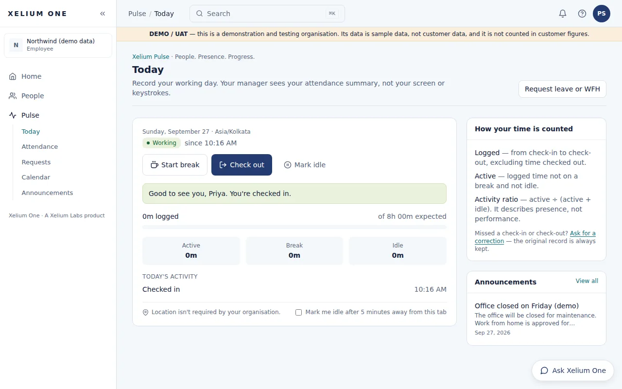 Xelium Pulse Today page for an employee who has just checked in: working status, buttons to start a break, check out or mark idle, and today's logged, active, break and idle time.