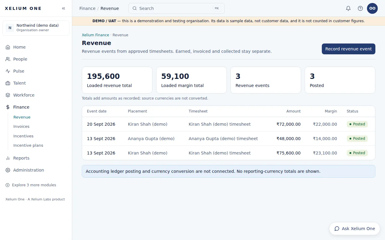 The Revenue page listing demo revenue events posted from approved timesheets, with placement, amount, margin and status, and totals above.